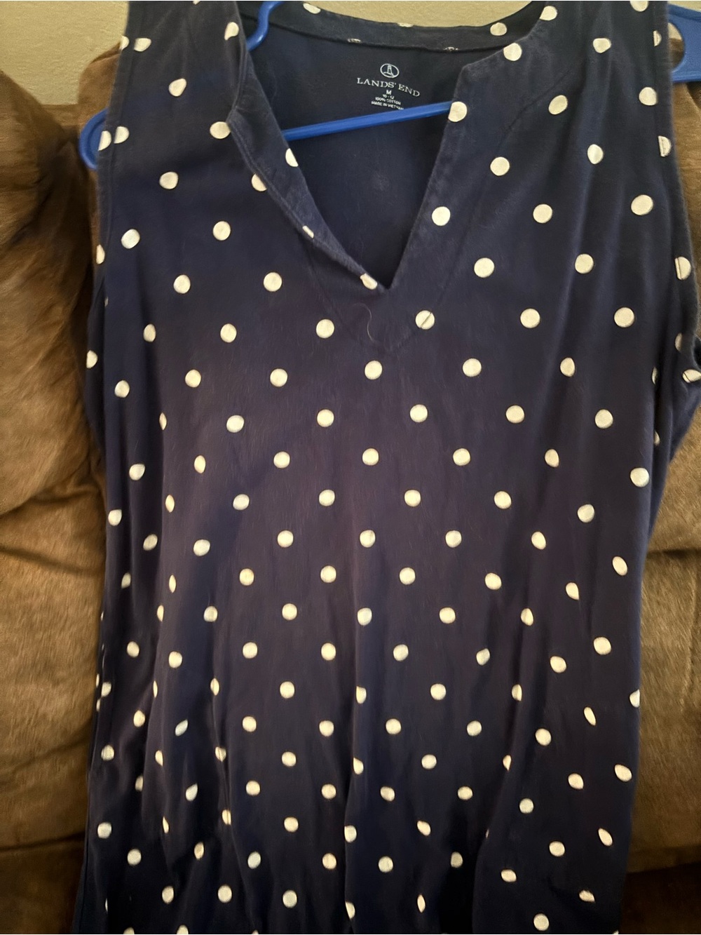 Lands' End Navy and White Polka Dot Sleeveless V-Neck 100%Cotton Dress